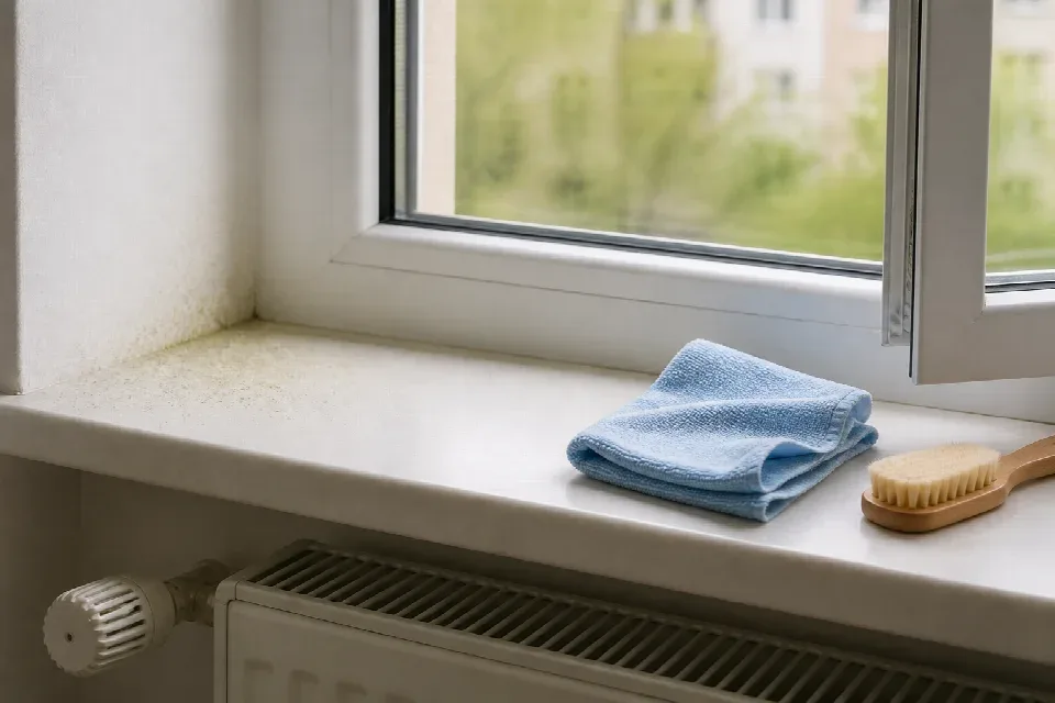 Jarní pyl na parapetu před sezonním úklidem domácnosti v Praze