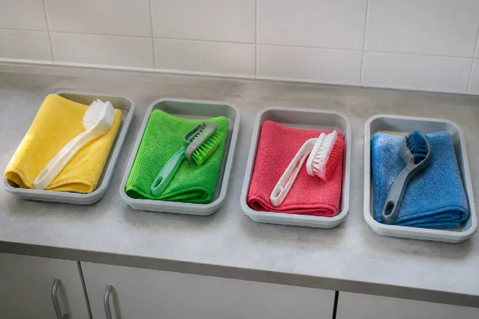 Barevně oddělené pomůcky pro hygienické zóny instituce v Praze