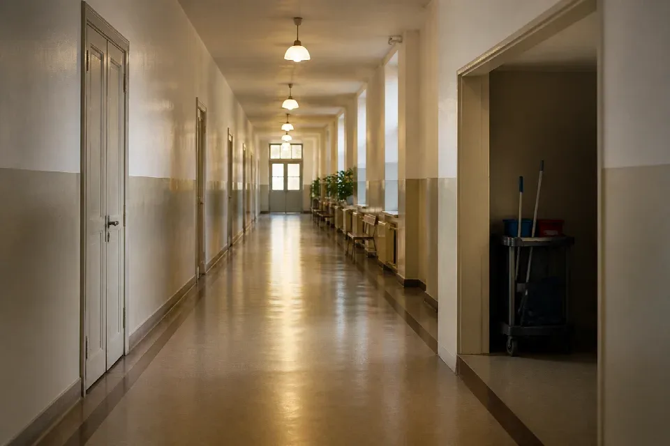 Prázdná chodba instituce v Praze připravená na úklid mimo provoz