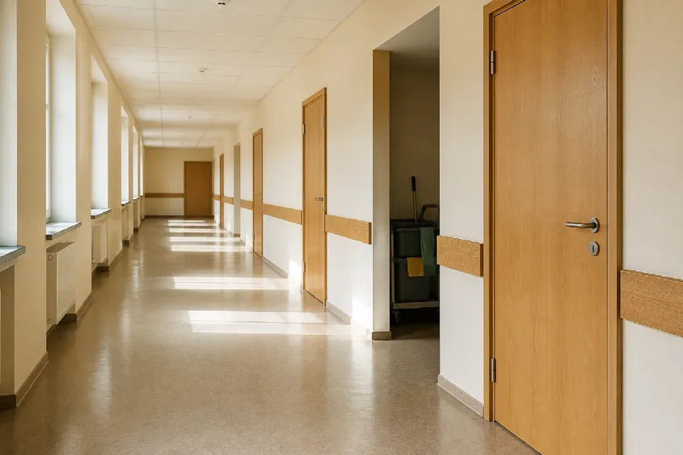 Chodba instituce připravená na úklid mimo provoz – Brno