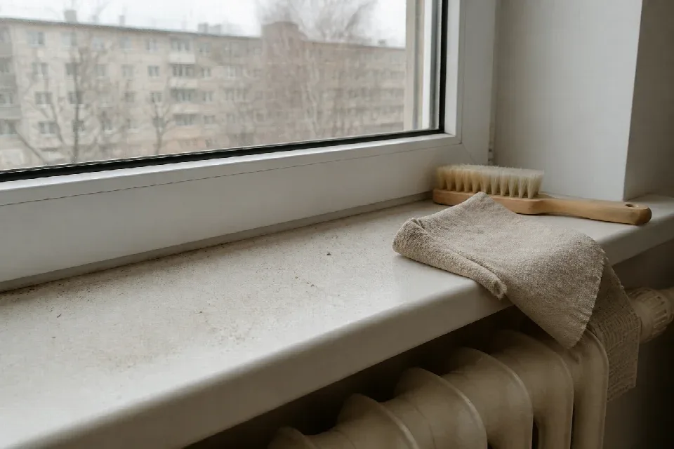 Pyl a jemný prach na parapetu před úklidem – Ostrava