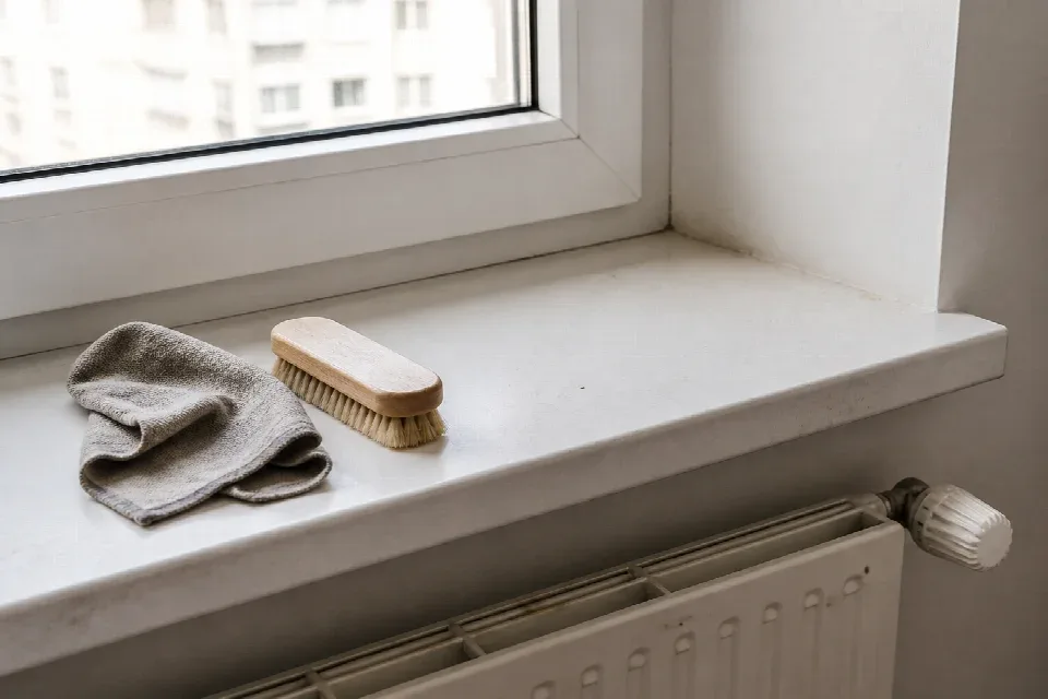 Pyl a jemný prach na parapetu před úklidem – Liberec