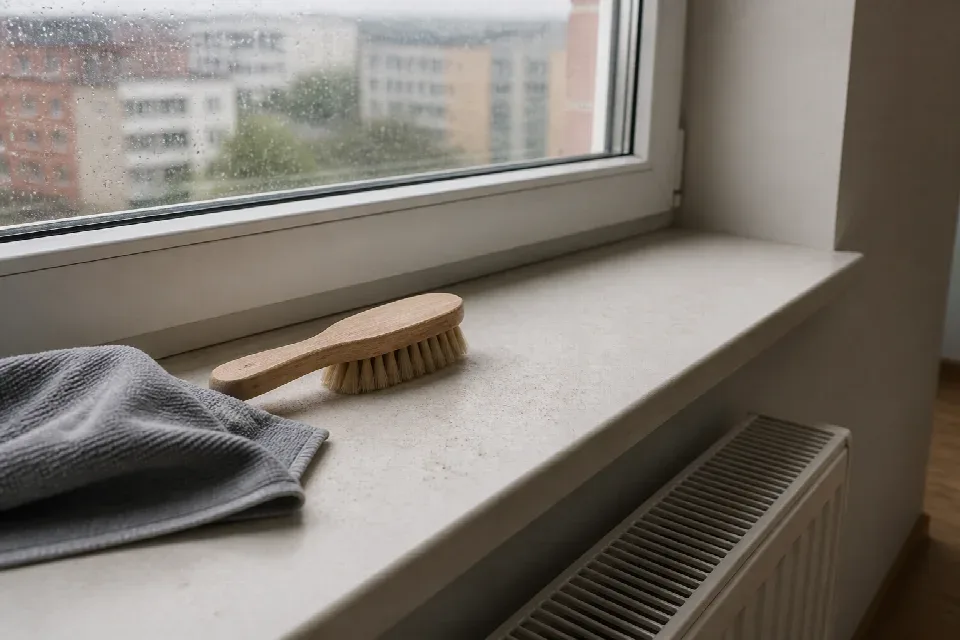 Pyl a jemný prach na parapetu před úklidem – České Budějovice