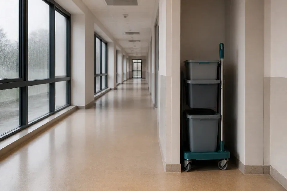 Úklidový vozík bezpečně odstavený mimo hlavní trasu – České Budějovice