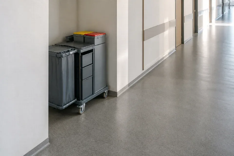 Úklidový vozík bezpečně odstavený mimo hlavní trasu – Hradec Králové