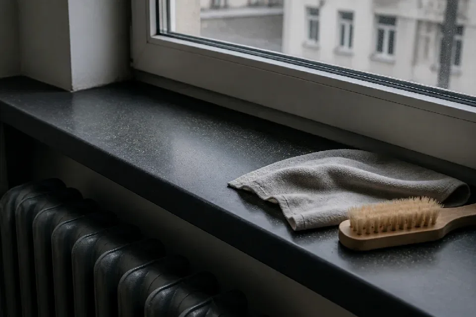 Pyl a jemný prach na parapetu před úklidem – Ústí nad Labem