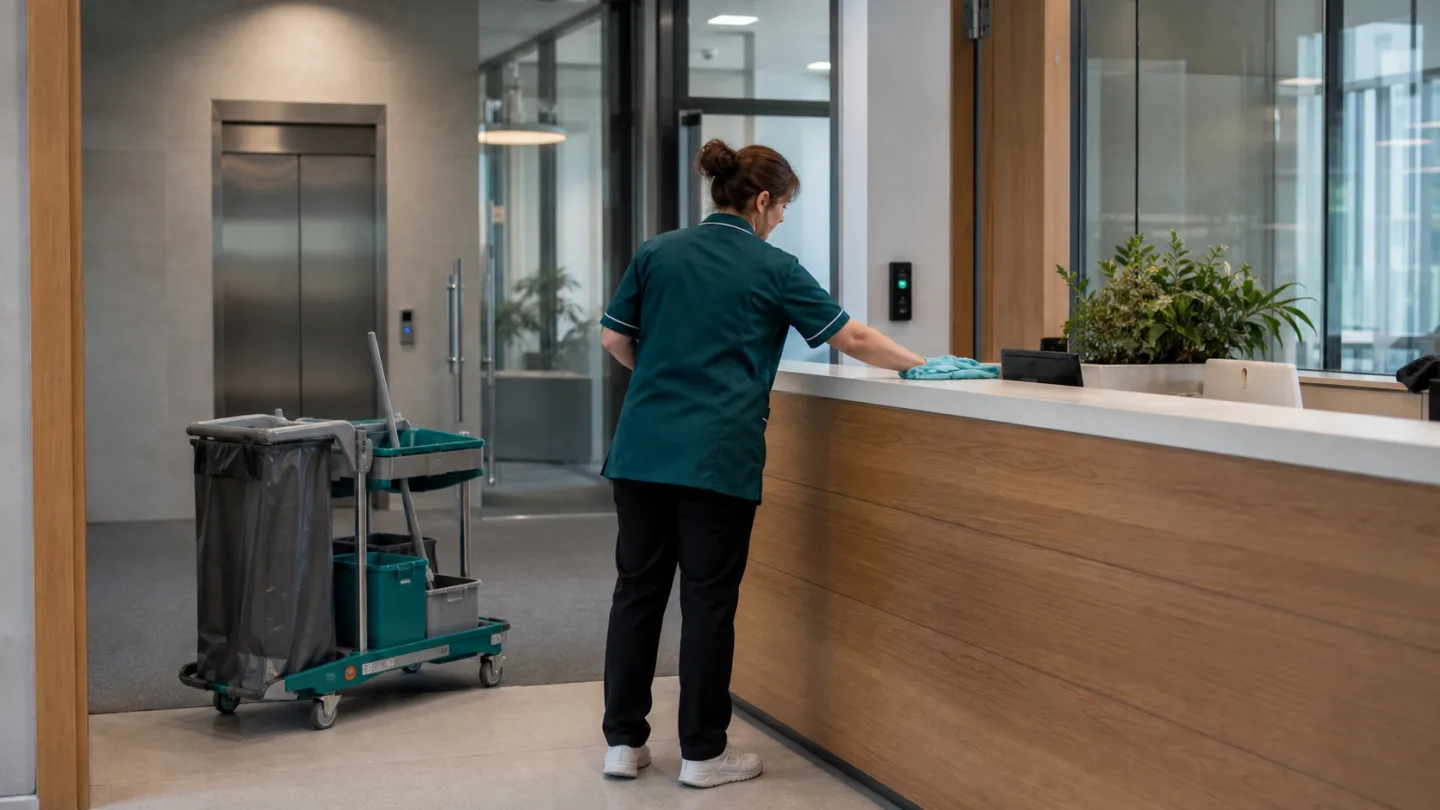 Pracovnice úklidu čistí recepci administrativní budovy v Praze