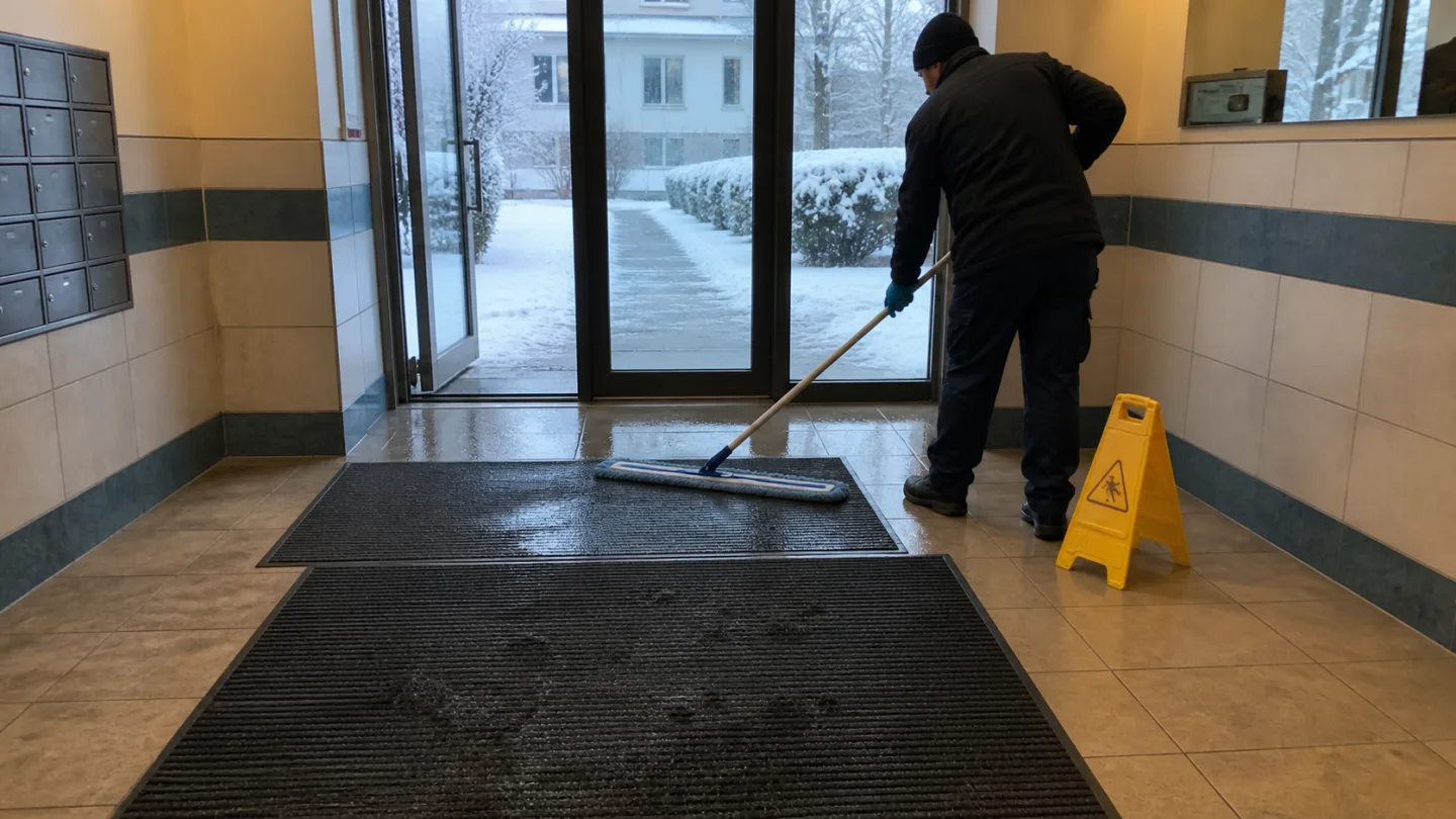 Zimní úklid vstupu bytového domu v Plzni